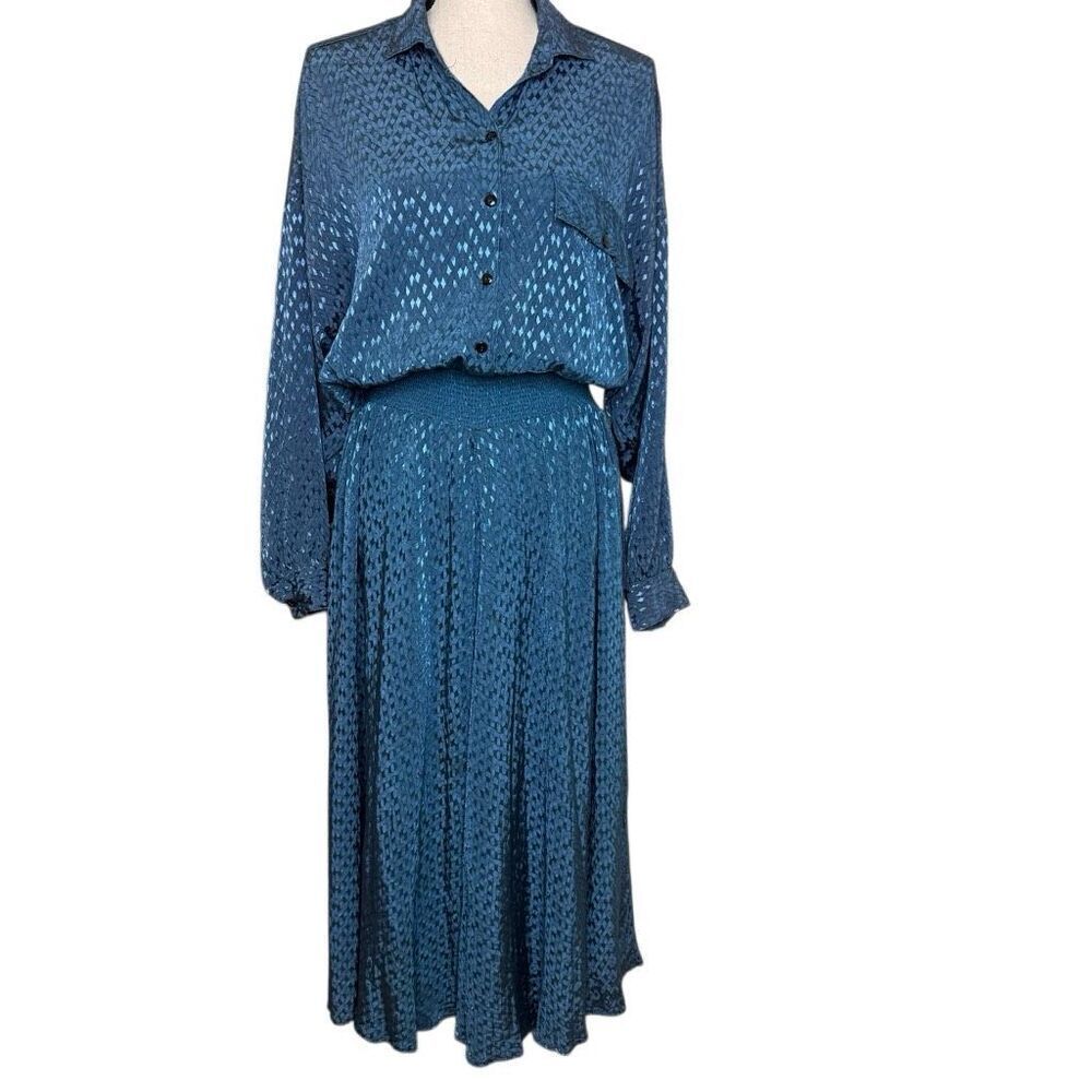 Vintage 80’s/90’s Spencer Alexis Teal Blue Long Dolman Sleeve Midi Shirt Dress S